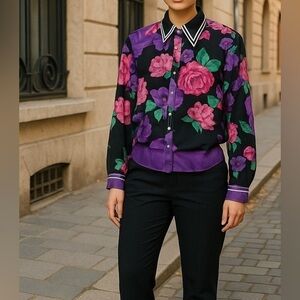 Floral Button-Down Shirt in Black with Pink & Purple Roses
